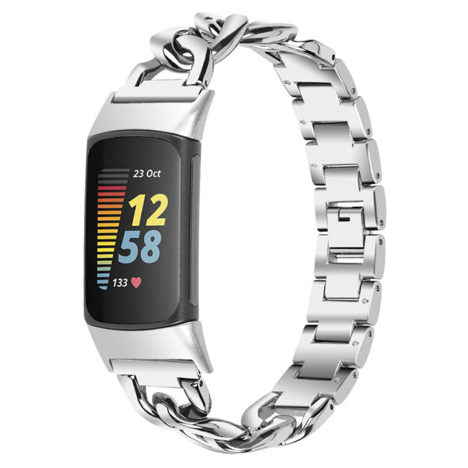 Fb.m156.ss Main Silver StrapsCo Cuban Link Bracelet For Fitbit Charge 5 Stainless Steel Metal Band Strap