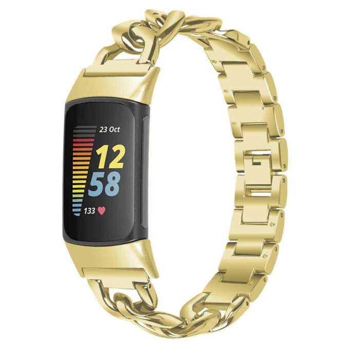 Fb.m156.yg Main Yellow Gold StrapsCo Cuban Link Bracelet For Fitbit Charge 5 Stainless Steel Metal Band Strap