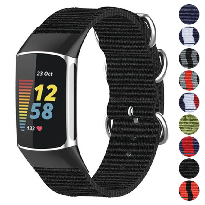 Fb.ny42 Gallery (Black) StrapsCo 3 Ring Nylon Strap For Fitbit Charge 5 Canvas Band