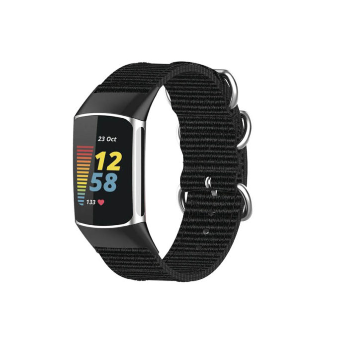 Fb.ny42.1 Main Black StrapsCo 3 Ring Nylon Strap For Fitbit Charge 5 Canvas Band