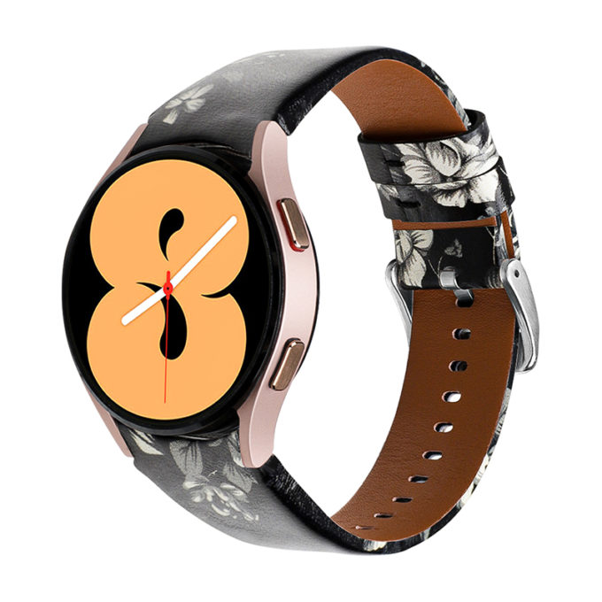s.l2.1b Main Smooth Leather Strap for Samsung Galaxy Watch 4 Black W Grey Flowers StrapsCo Genuine Leather Watch Band