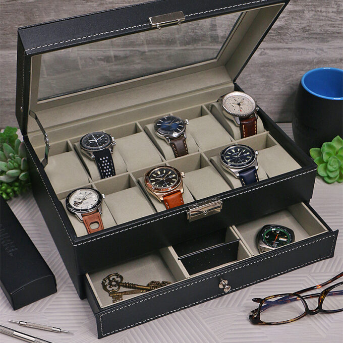 wb65 Creative StrapsCo Carbon Fiber Leather Black Watch Box with Jewelry jewellery Drawer for 12 Watches