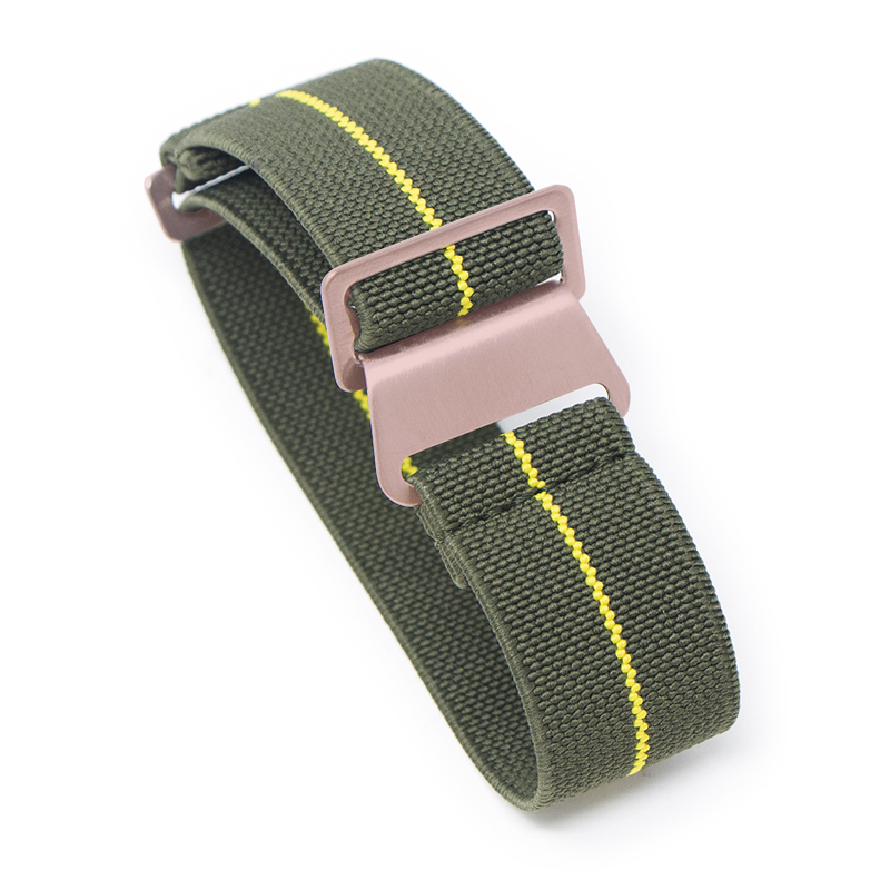 Green Elastic Woven Nylon Strap with Red Stripe, Brushed Finish