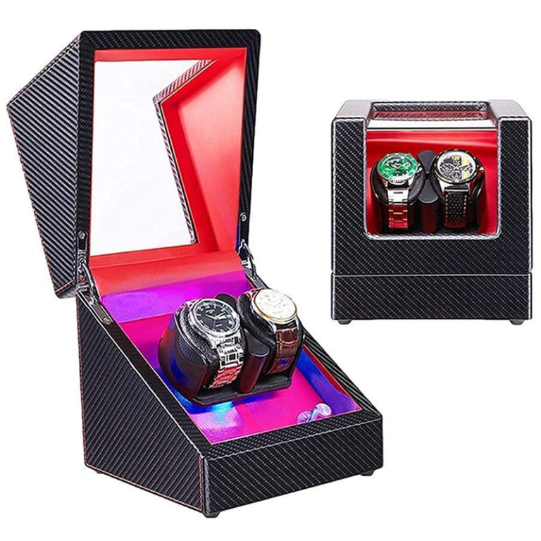 Carbon Fiber Watch Winder with Red Interior and LED Lights for 2 Watches StrapsCo