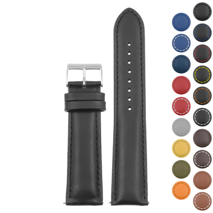 st18.1.1 Gallery Black (Polished Silver Buckle) Padded Smooth Leather Watch Band Strap