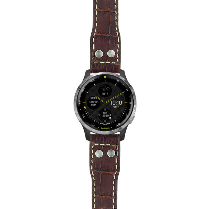 g.d2a.iw1 Main Dark Brown with White Stitching StrapsCo DASSARI Aviator Crocodile Embossed Leather Strap 20mm