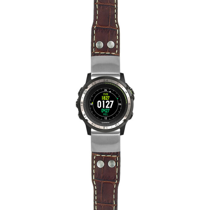 g.d2ch.iw1 Main Dark Brown with White Stitching StrapsCo DASSARI Aviator Crocodile Embossed Leather Strap 22mm