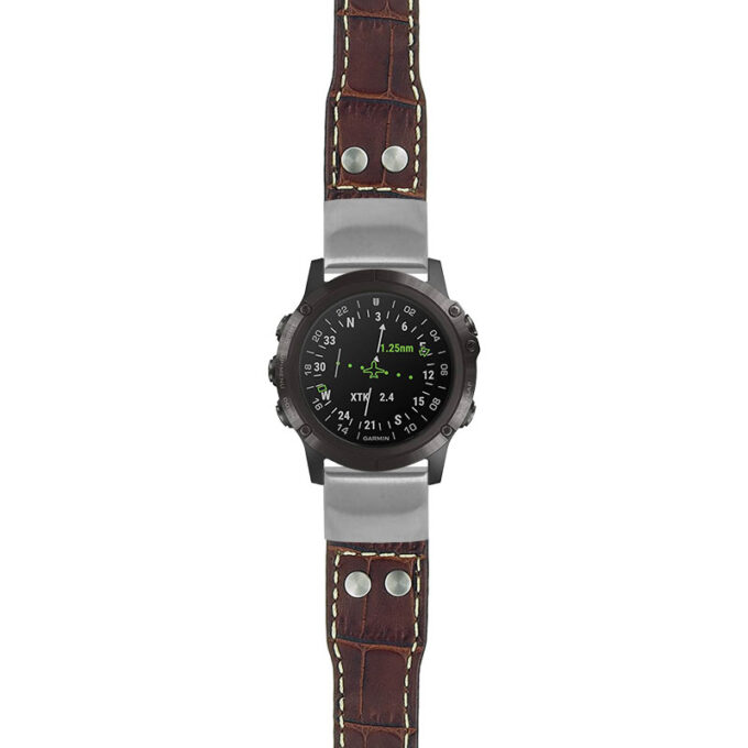 g.d2dpx.iw1 Main Dark Brown with White Stitching StrapsCo DASSARI Aviator Crocodile Embossed Leather Strap 22mm