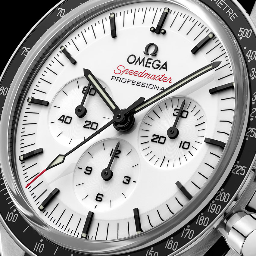 white omega speedmaster & budget alternatives dial closeup