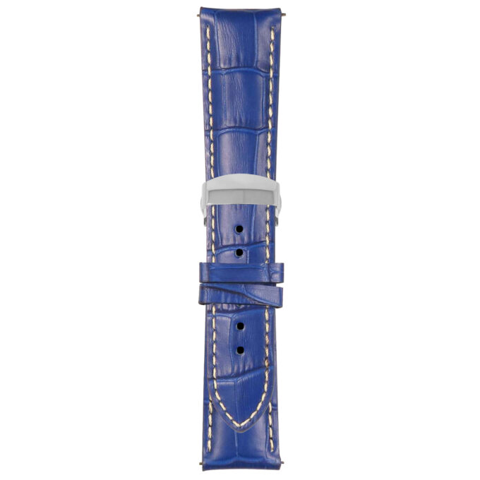 Blue and White Mens Crocodile Embossed Strap with Deployant Polished Silver Clasp