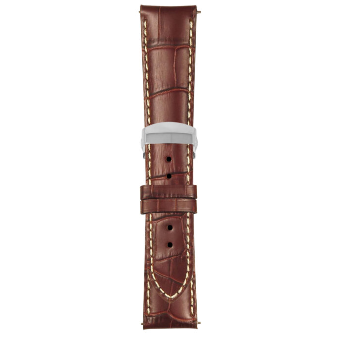 Brown and White Mens Crocodile Embossed Strap with Deployant Polished Silver Clasp