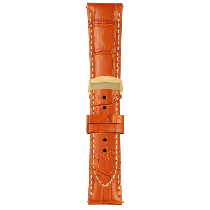 Tan and White Mens Crocodile Embossed Strap with Deployant Yellow Gold Clasp