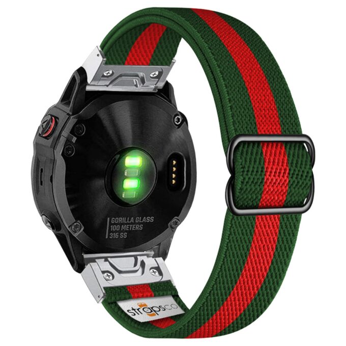 ny100.11.6.ss Back Green and Red StrapsCo Nylon Stretch Watch Band Strap For Garmin QuickFit Devices