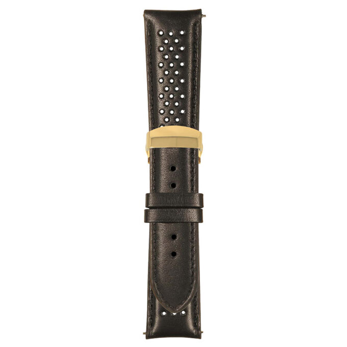 Black Perforated Rally Strap with Deployant Yellow Gold Clasp