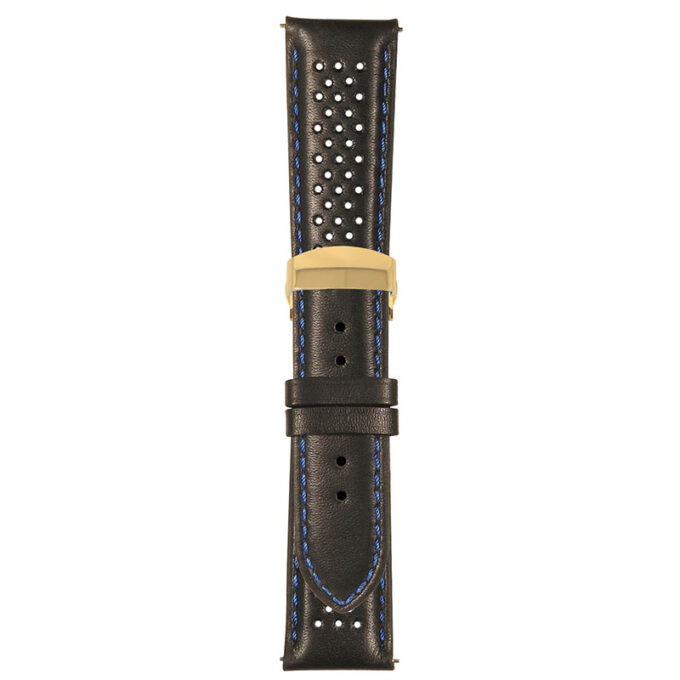 Black and Blue Perforated Rally Strap with Deployant Yellow Gold Clasp