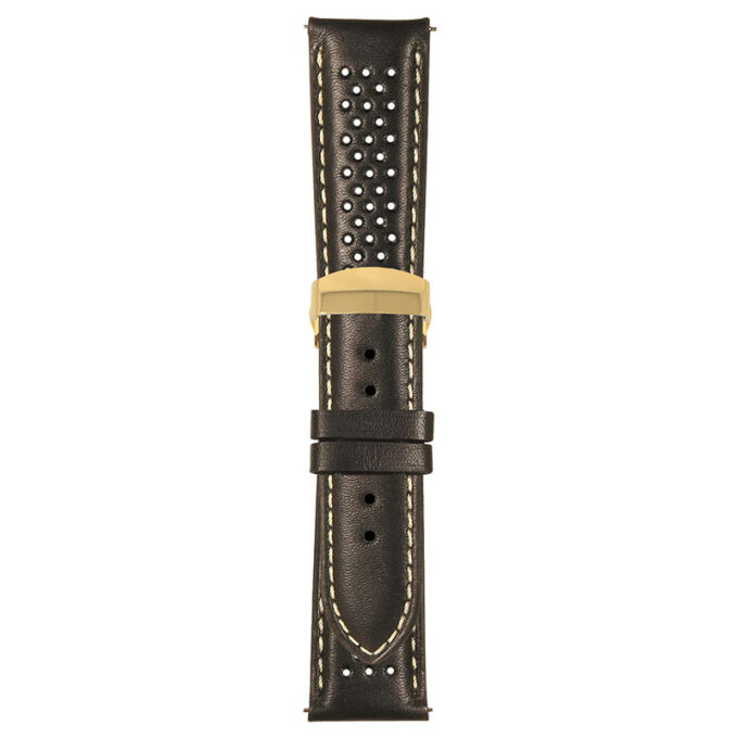 Black and White Perforated Rally Strap with Deployant Yellow Gold Clasp