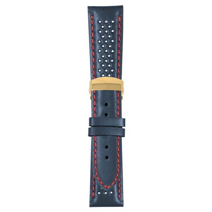 Blue and Red Perforated Rally Strap with Deployant Yellow Gold Clasp