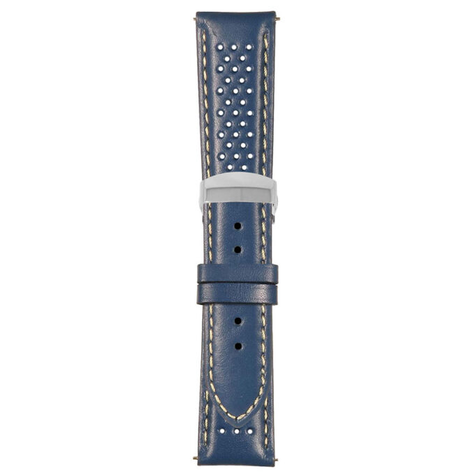 Blue and White Perforated Rally Strap with Deployant Polished Silver Clasp