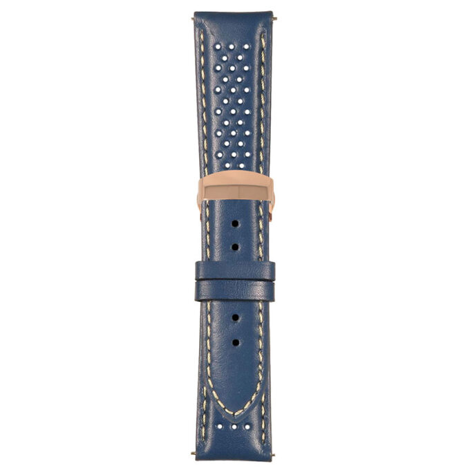 Blue and White Perforated Rally Strap with Deployant Rose Gold Clasp