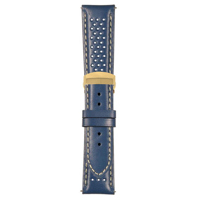 Blue and White Perforated Rally Strap with Deployant Yellow Gold Clasp