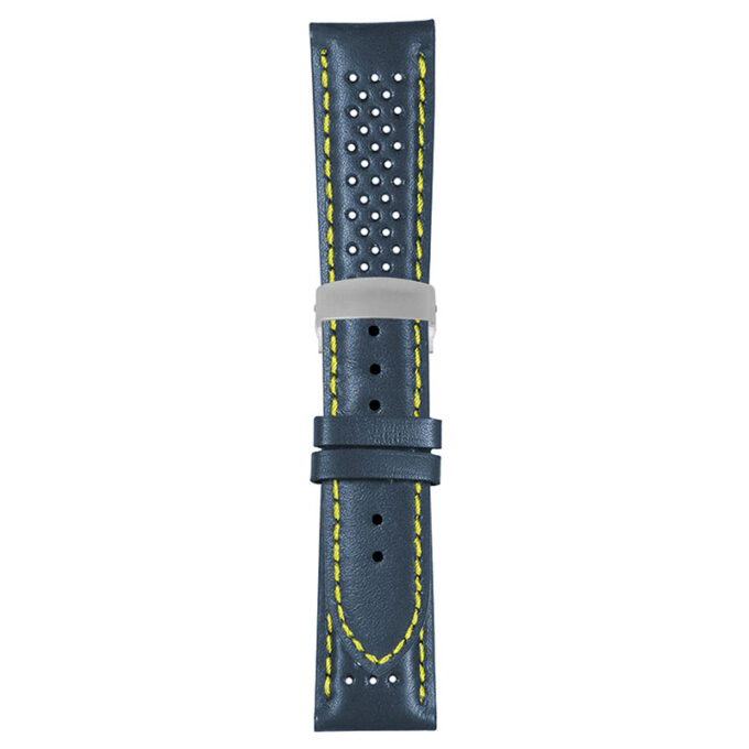 Blue and Yellow Perforated Rally Strap with Deployant Brushed Silver Clasp