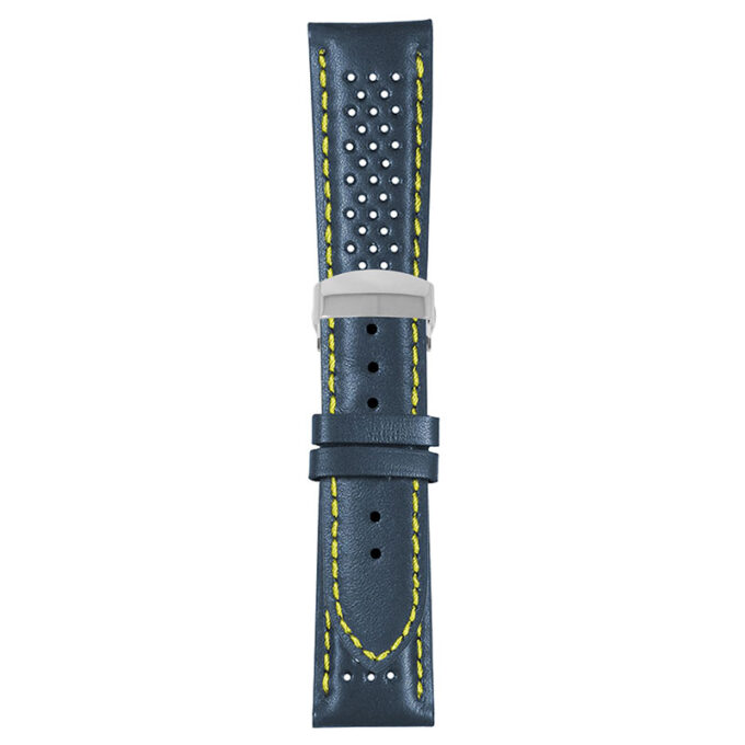 Blue and Yellow Perforated Rally Strap with Deployant Polished Silver Clasp