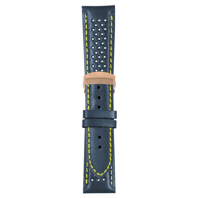 Blue and Yellow Perforated Rally Strap with Deployant Rose Gold Clasp