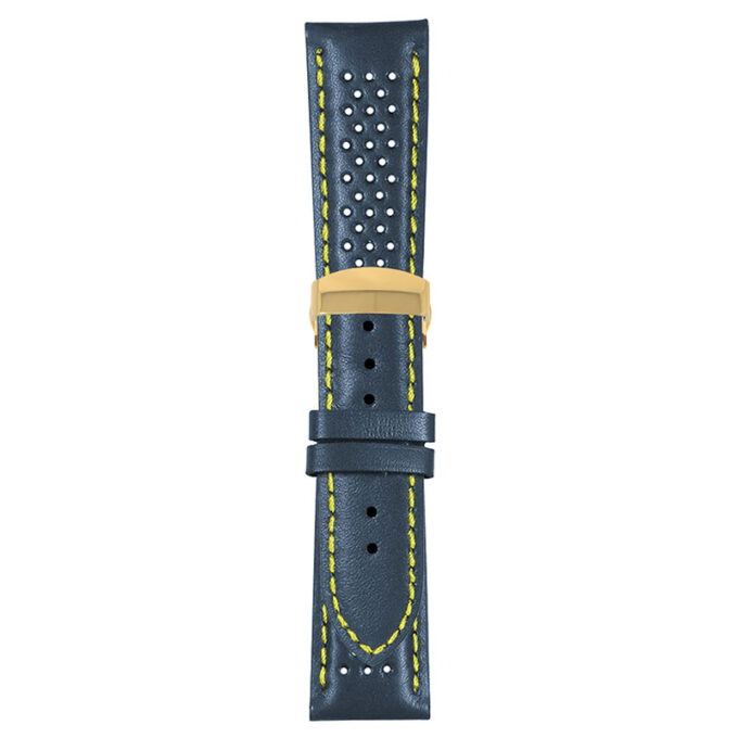 Blue and Yellow Perforated Rally Strap with Deployant Yellow Gold Clasp