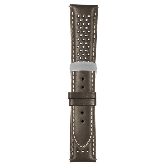 Brown and White Perforated Rally Strap with Deployant Brushed Silver Clasp