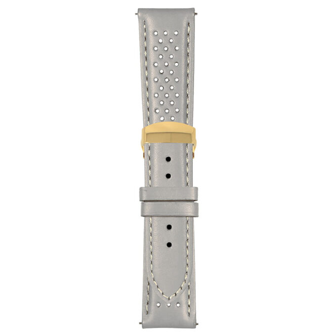 Grey and White Perforated Rally Strap with Deployant Yellow Gold Clasp