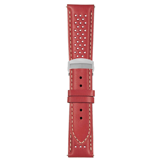 Red and White Perforated Rally Strap with Deployant Polished Silver Clasp