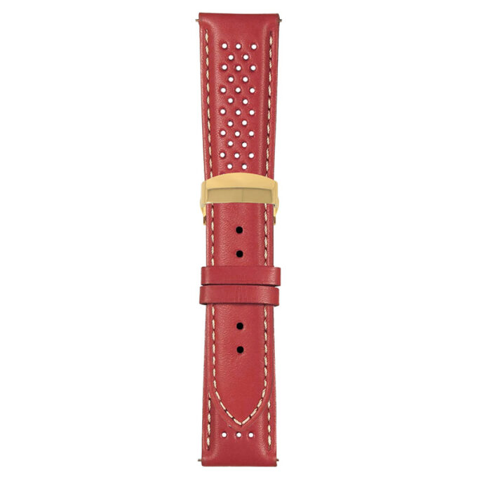 Red and White Perforated Rally Strap with Deployant Yellow Gold Clasp