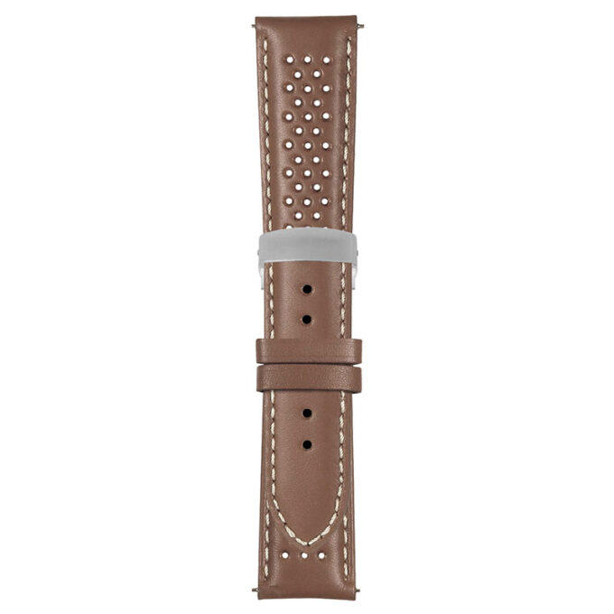 Tan and White Perforated Rally Strap with Deployant Brushed Silver Clasp