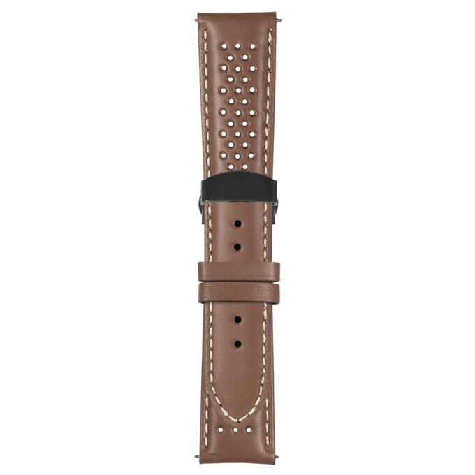 Tan and White Perforated Rally Strap with Deployant Matte Black Clasp