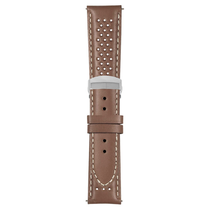 Tan and White Perforated Rally Strap with Deployant Polished Silver Clasp