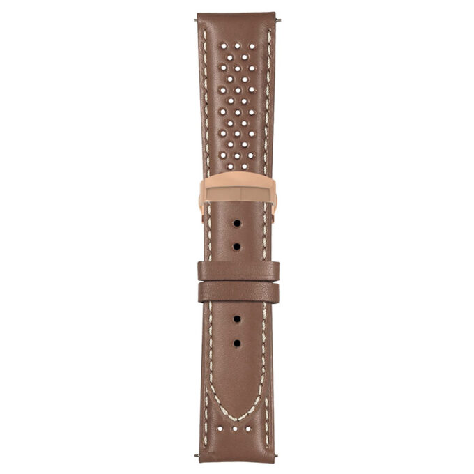 Tan and White Perforated Rally Strap with Deployant Rose Gold Clasp