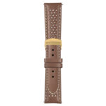 Tan and White Perforated Rally Strap with Deployant Yellow Gold Clasp