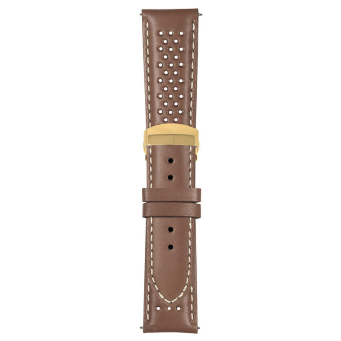 Tan and White Perforated Rally Strap with Deployant Yellow Gold Clasp