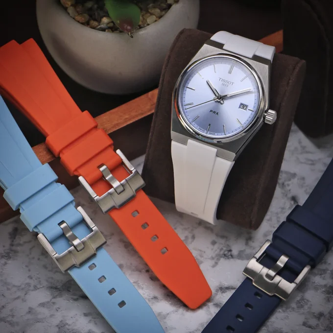 ts.r3 Flatlay StrapsCo Fitted Rubber Watch Band Strap For Tissot PRX 35mm