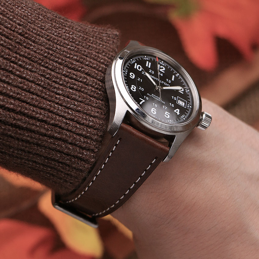 one watch four looks hamilton khaki field stitched leather heritage strap