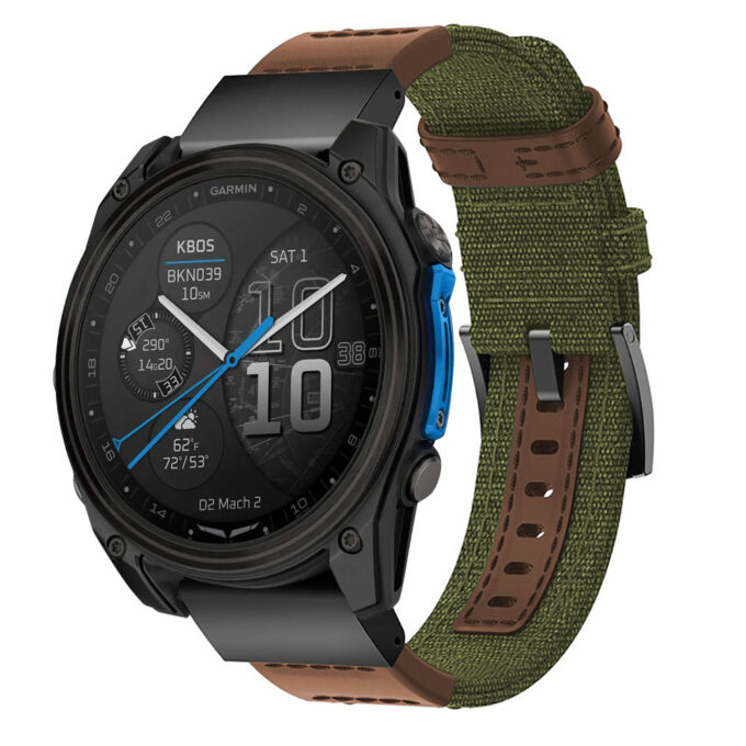 d2m2.g.ny1.11.2 Main Green & Brown StrapsCo Rugged Canvas Band QuickFit 26 Watch Band For Garmin D2 Mach 2 – 51mm