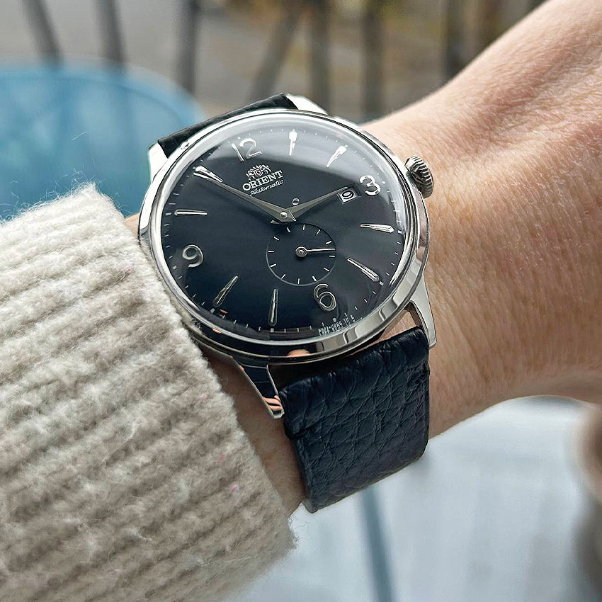 worn and tested orient bambino RA AP0005B watch review wrist pebbled leather strap